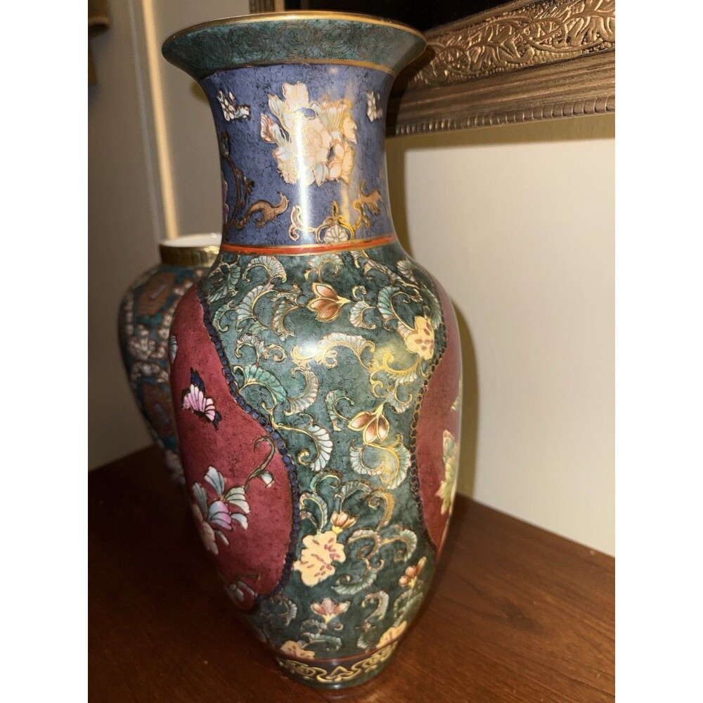 Vintage Cloisonné Style Floral Butterfly Vase Asian Decor Enamel Motif - Picture 3 of 3